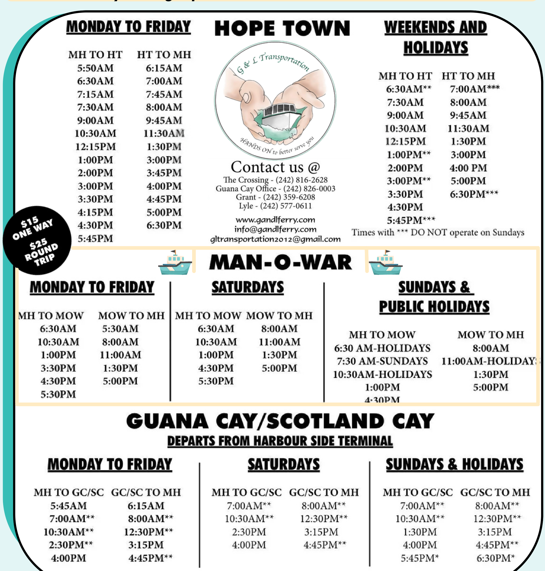 Full G&L / Albury ferry schedule for Hope Town, Man-O-War, and Guana/Scotland Cay